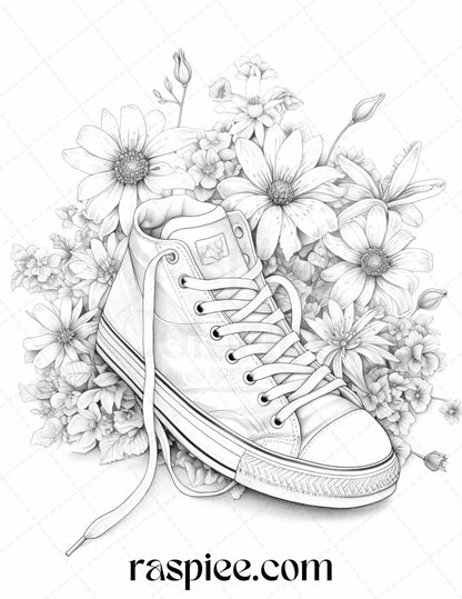 40 Flower Sneakers Grayscale Coloring Pages Printable for Adults, PDF File Instant Download