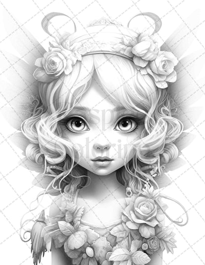 45 Adorable Chibi Fairy Grayscale Coloring Pages Printable for Adults, PDF File Instant Download