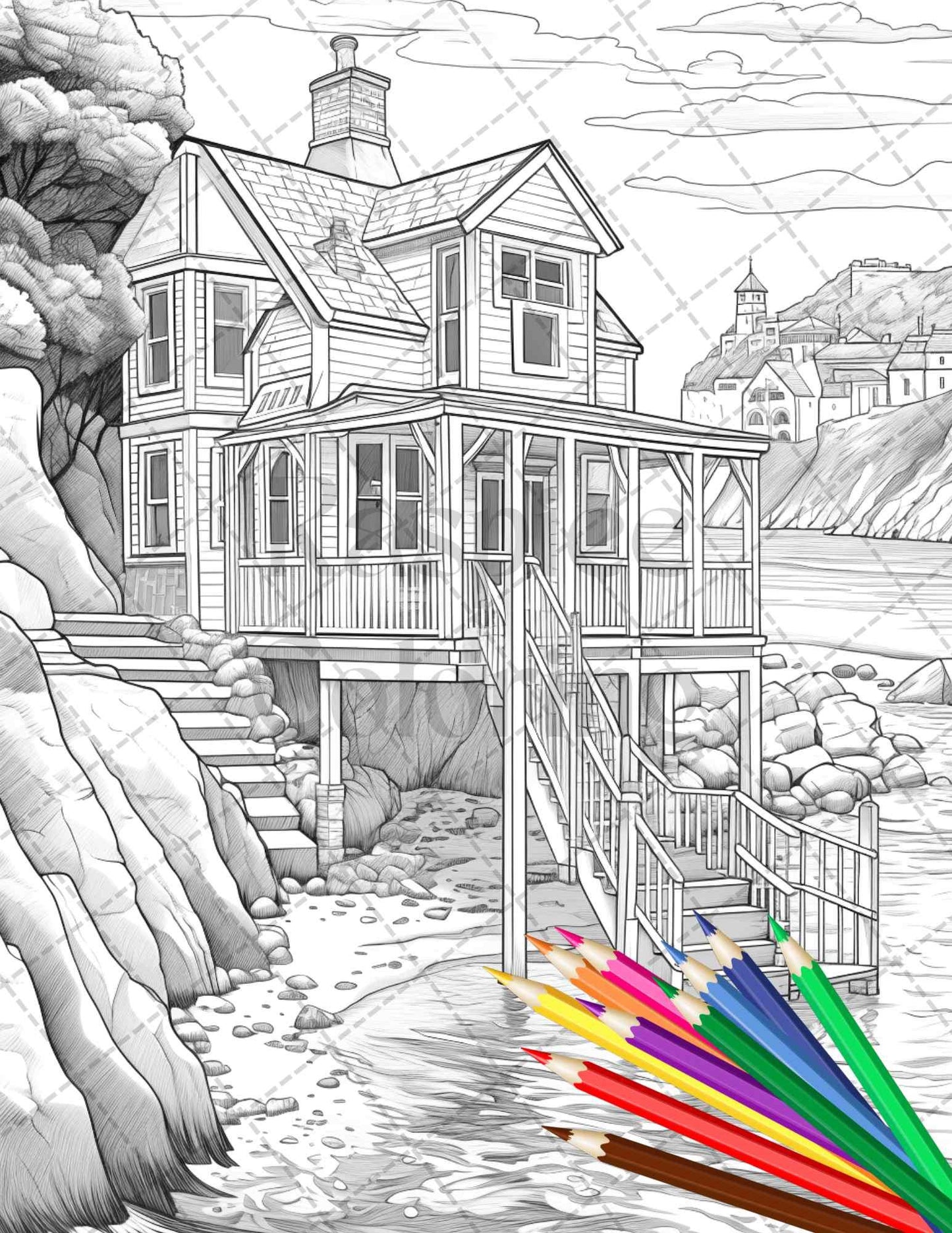 42 Wooden Beach Houses Grayscale Coloring Pages Printable for Adults, PDF File Instant Download