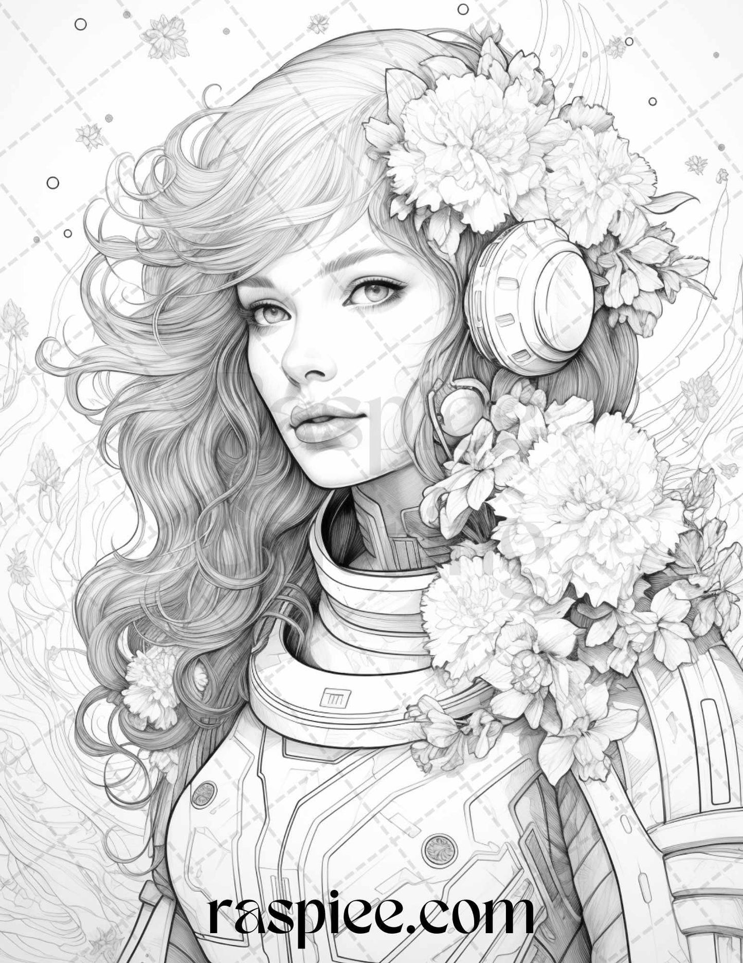 50 Astronaut Girl Portrait Grayscale Coloring Pages Printable for Adults, PDF File Instant Download