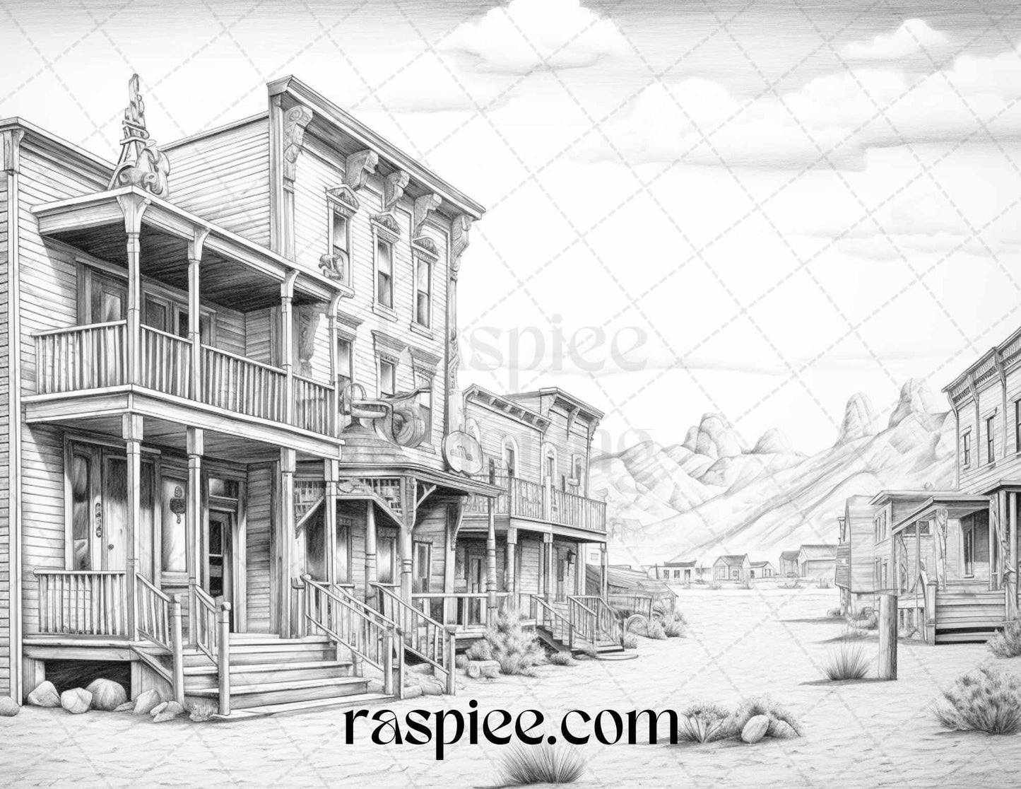 40 Wild West Towns Grayscale Coloring Pages Printable for Adults, PDF File Instant Download