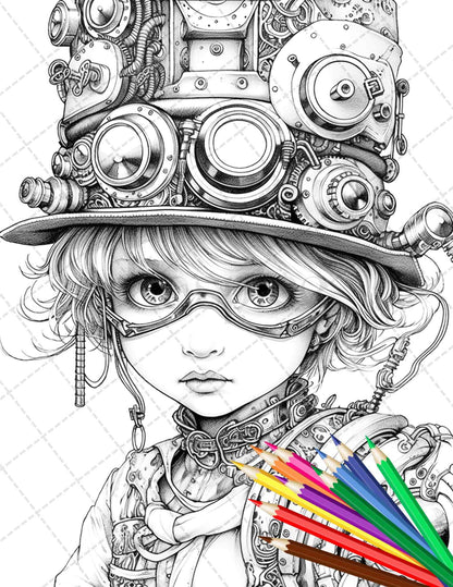 31 Adorable Steampunk Girls Coloring Pages Printable for Adults, Grayscale Coloring Page, PDF File Instant Download