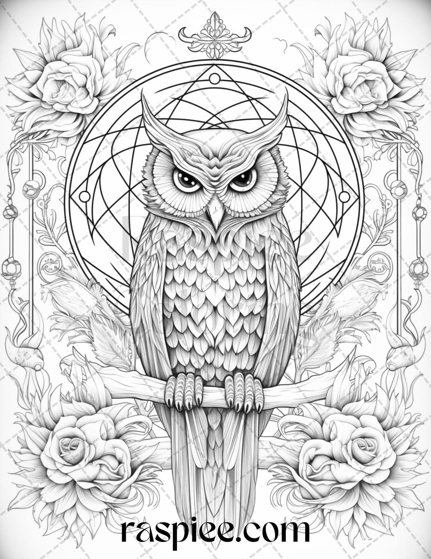 40 Floral Owl Grayscale Printable Coloring Pages for Adults, PDF File Instant Download