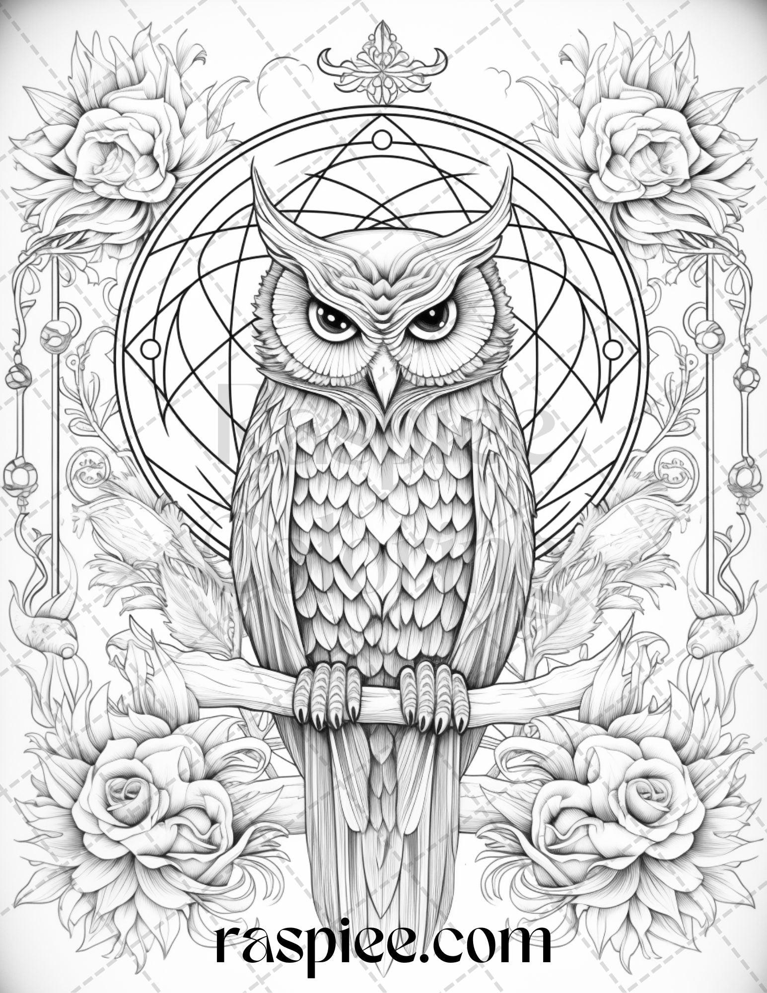 40 Floral Owl Grayscale Printable Coloring Pages for Adults, PDF File Instant Download