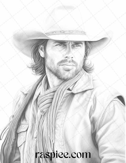 45 Wild West Cowboys Grayscale Coloring Pages Printable for Adults, PDF File Instant Download