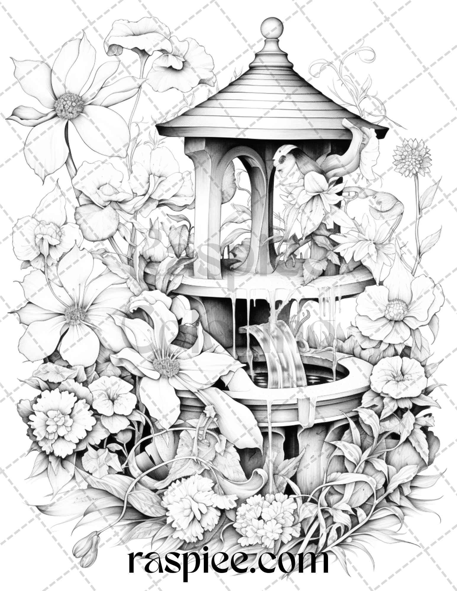 40 Whimsical Wishing Wells Grayscale Coloring Pages Printable for Adults, PDF File Instant Download