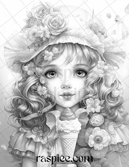 42 Adorable Girls with Ice Cream Grayscale Coloring Pages Printable for Adults Kids, PDF File Instant Download