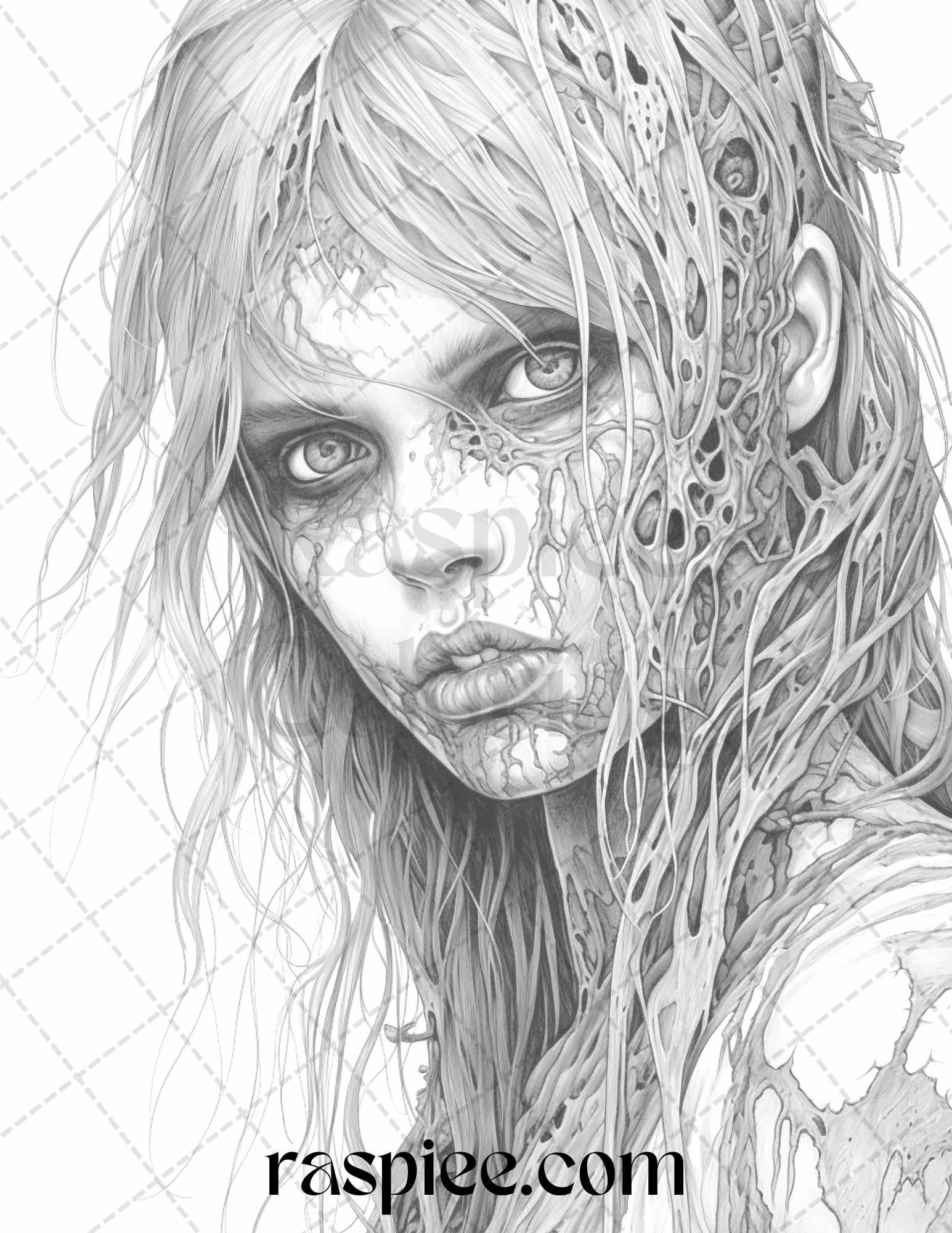 40 Scary Zombie Girls Grayscale Coloring Pages Printable for Adults, PDF File Instant Download