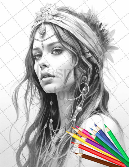 43 Beautiful Hippie Girls Grayscale Coloring Pages Printable for Adults, PDF File Instant Download