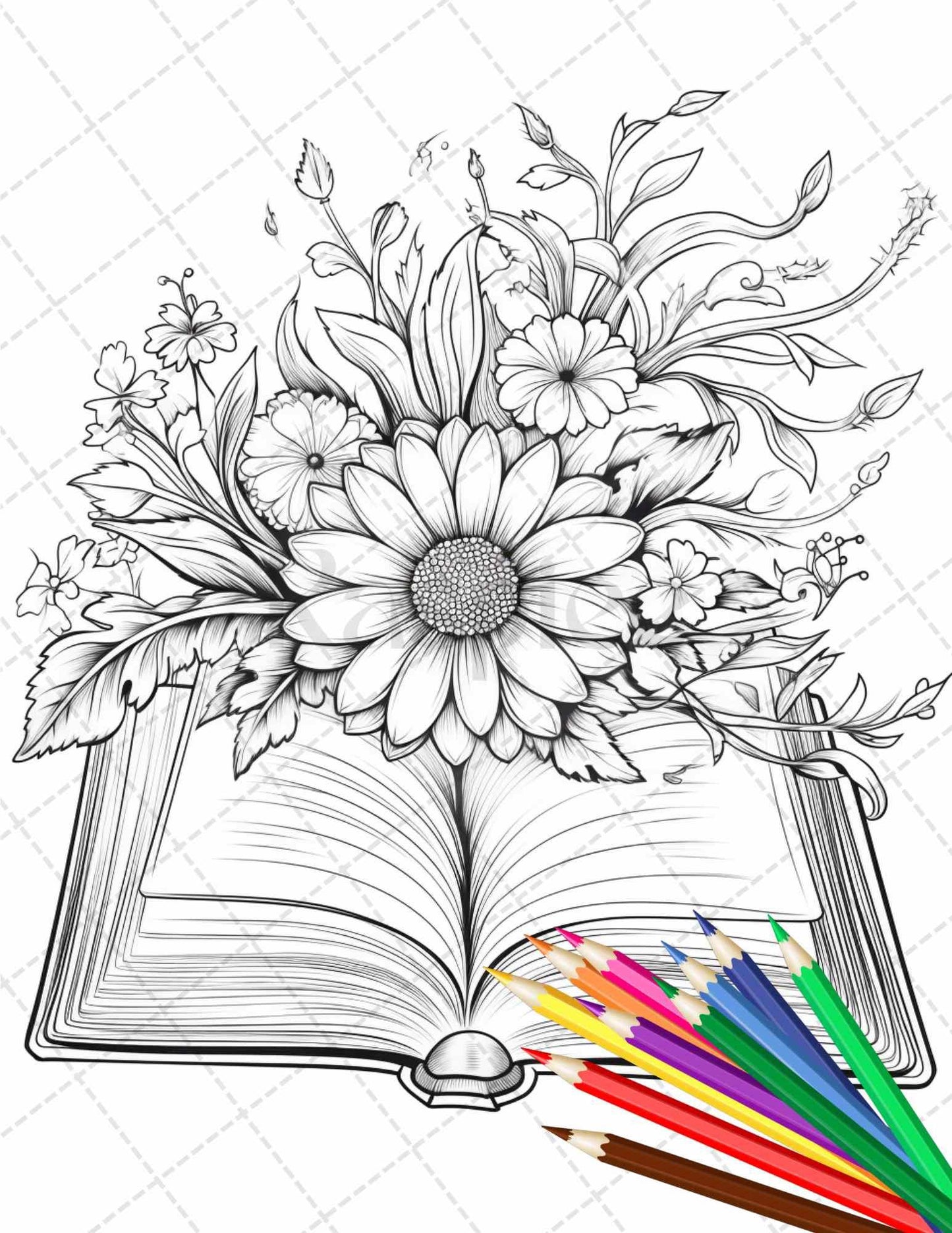 31 Book Flowers Coloring Pages Printable for Adults, Grayscale Coloring Page, PDF File Instant Download