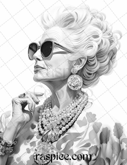 40 Fashionista Grandma Grayscale Coloring Pages Printable for Adults, PDF File Instant Download