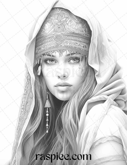 40 Beautiful Gypsy Girls Grayscale Coloring Pages Printable for Adults, PDF File Instant Download