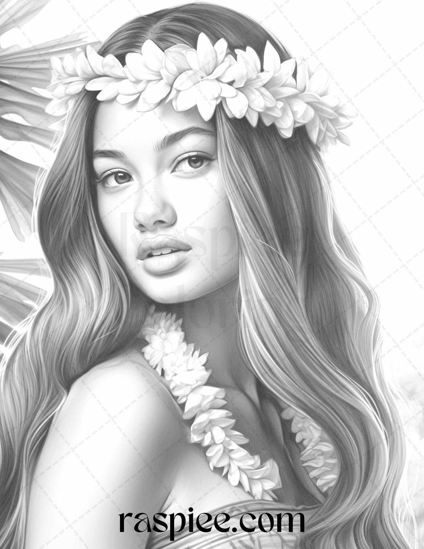 40 Hawaiian Girls Grayscale Coloring Pages Printable for Adults, PDF File Instant Download