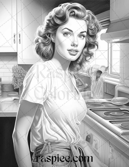 40 Retro Housewives Grayscale Coloring Pages for Adults, Printable PDF File Instant Download