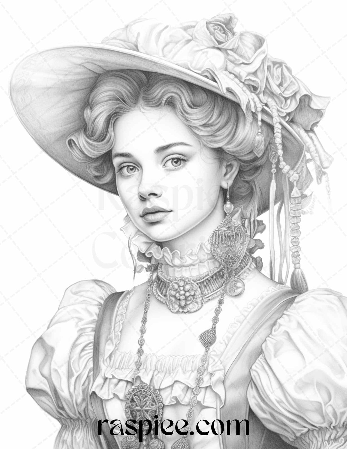 40 Baroque Women Portrait Grayscale Adult Coloring Pages Printable, PDF File Instant Download