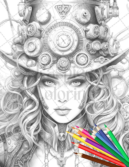 40 Steampunk Ladies Grayscale Coloring Pages Printable for Adults, PDF File Instant Download