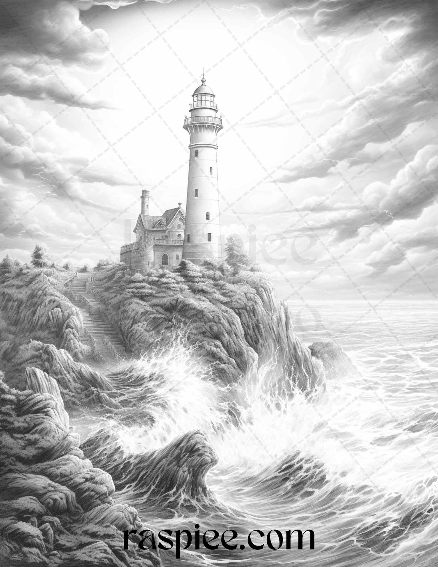 40 Majestic Lighthouses Grayscale Coloring Pages Printable for Adults, PDF File Instant Download