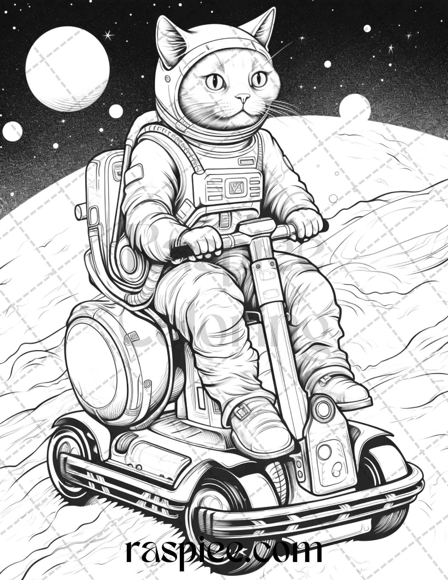 40 Cat Astronaut Grayscale Coloring Pages Printable for Adults Kids, PDF File Instant Download