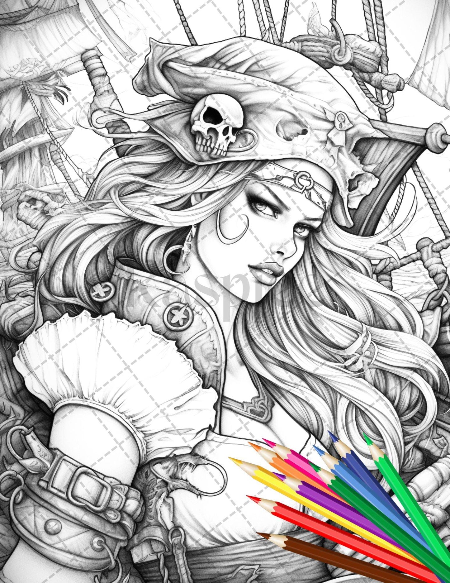 48 Beautiful Pirate Princess Coloring Book Printable for Adults, Grayscale Coloring Page, PDF File Instant Download