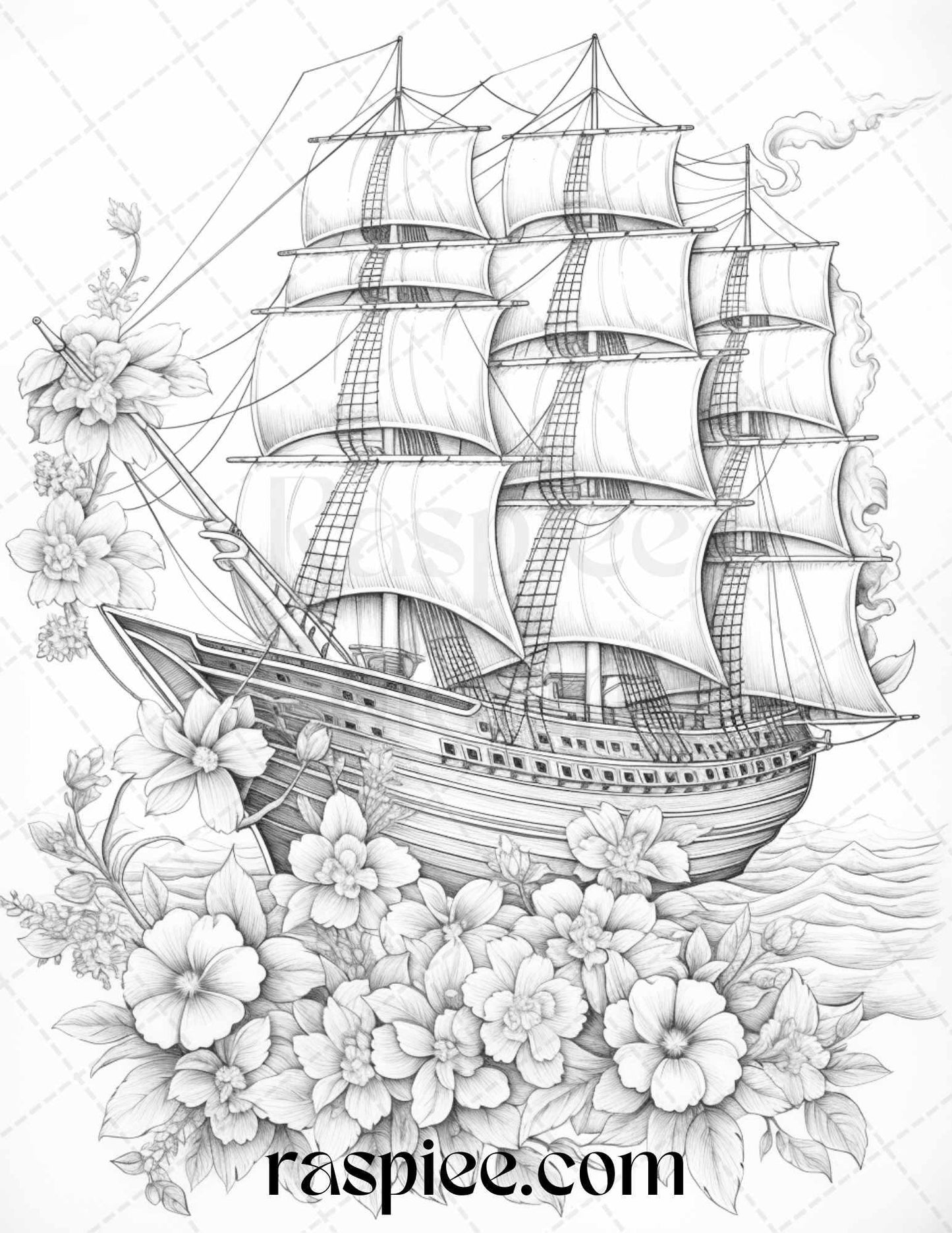 44 Flower Ships Graysale Coloring Pages Printable for Adults, PDF File Instant Download