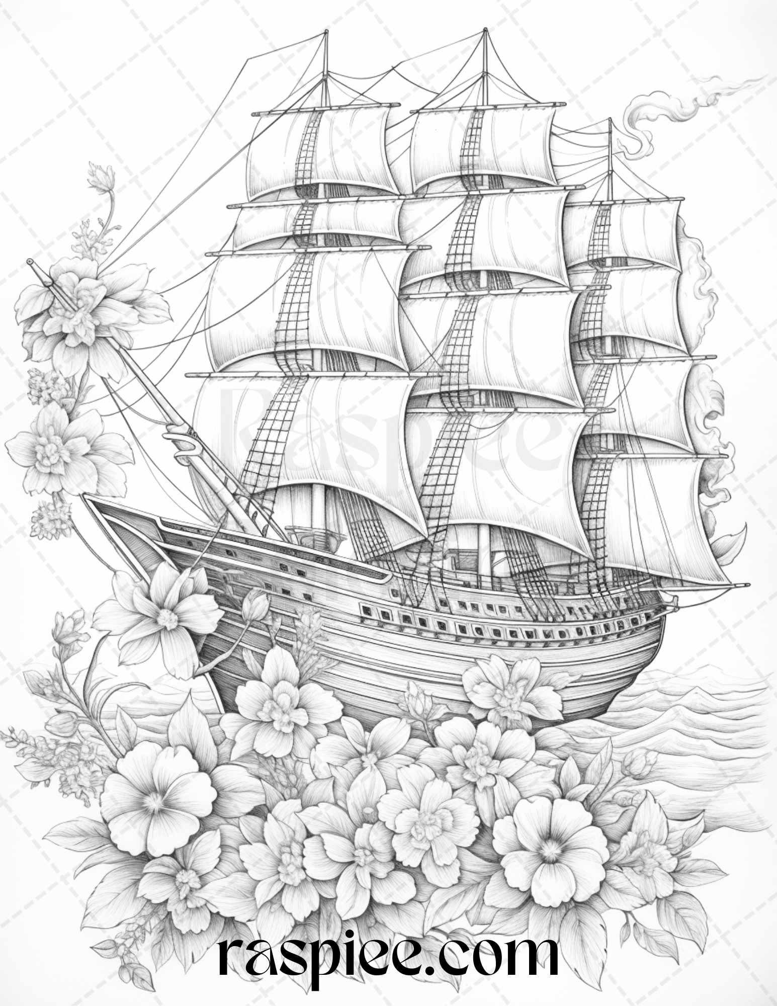 44 Flower Ships Graysale Coloring Pages Printable for Adults, PDF File Instant Download