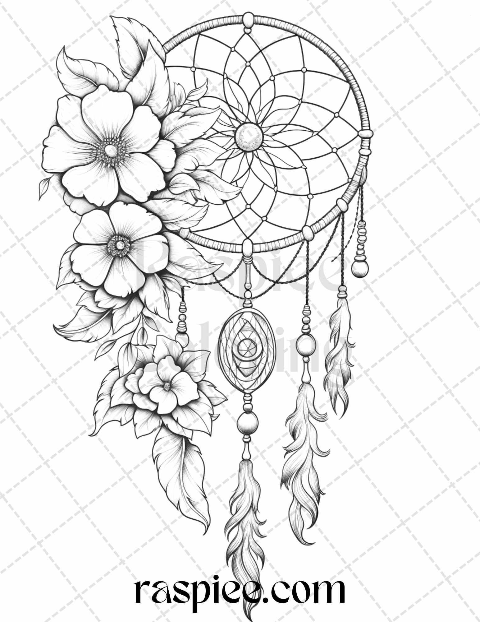 30 Flower Dreamcatcher Grayscale Coloring Pages Printable for Adults, PDF File Instant Download