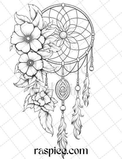 30 Flower Dreamcatcher Grayscale Coloring Pages Printable for Adults, PDF File Instant Download