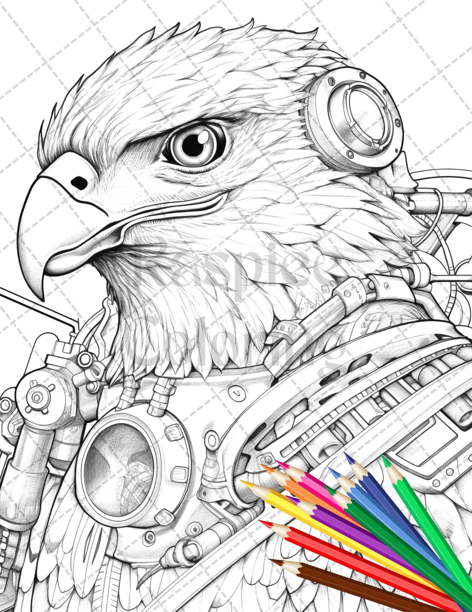 45 Steampunk Animals Grayscale Coloring Pages Printable for Adults Vol. 2, PDF File Instant Download