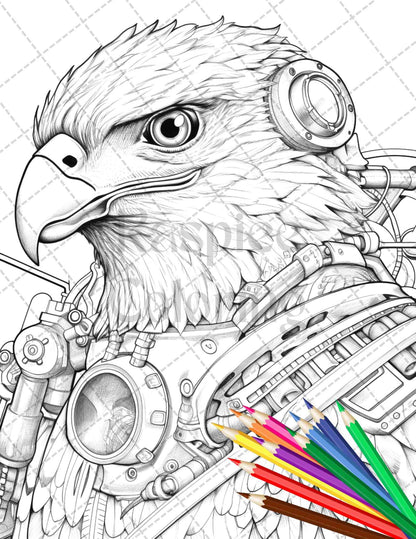 45 Steampunk Animals Grayscale Coloring Pages Printable for Adults Vol. 2, PDF File Instant Download