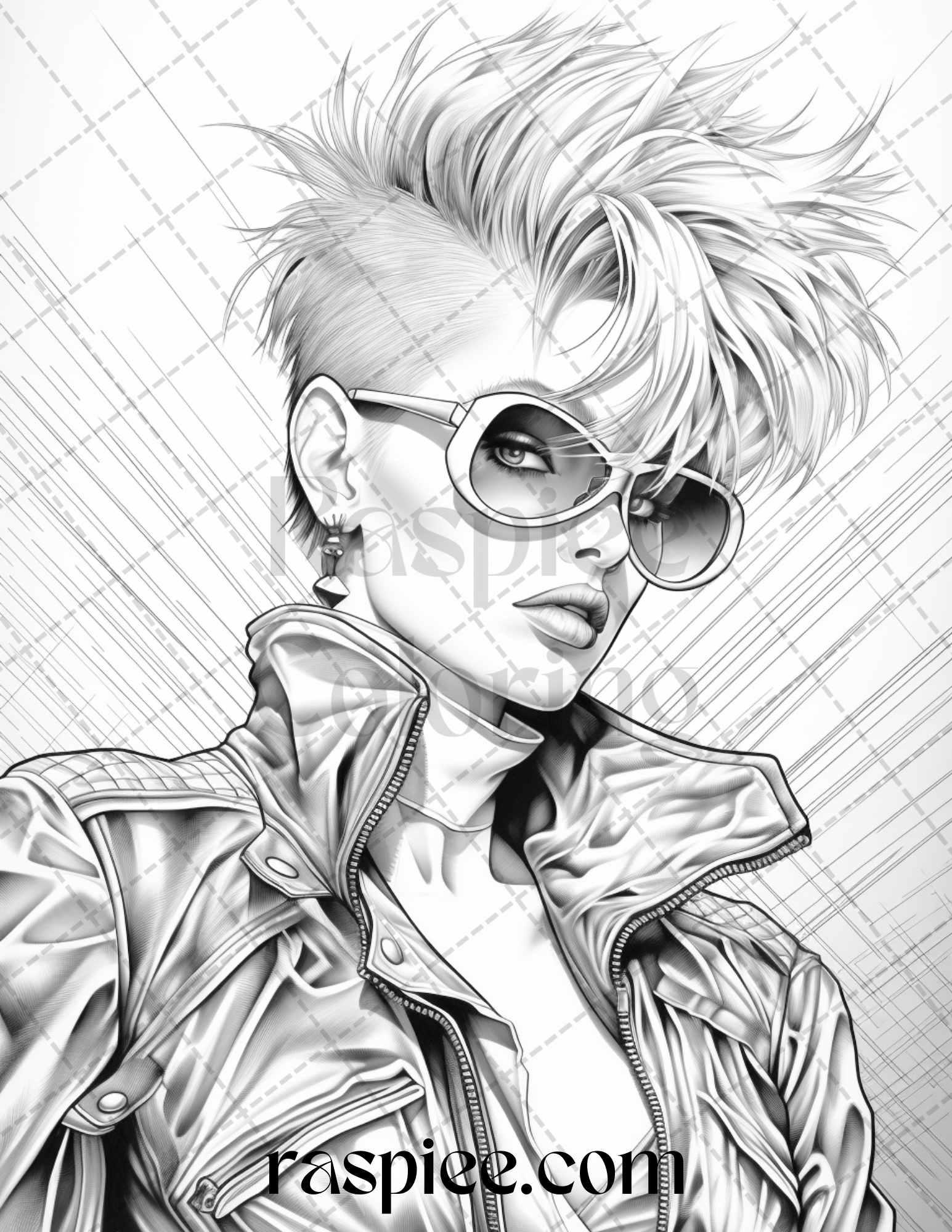 1980s New Wave Pop Star Grayscale Coloring Pages Printable for Adults, PDF File Instant Download