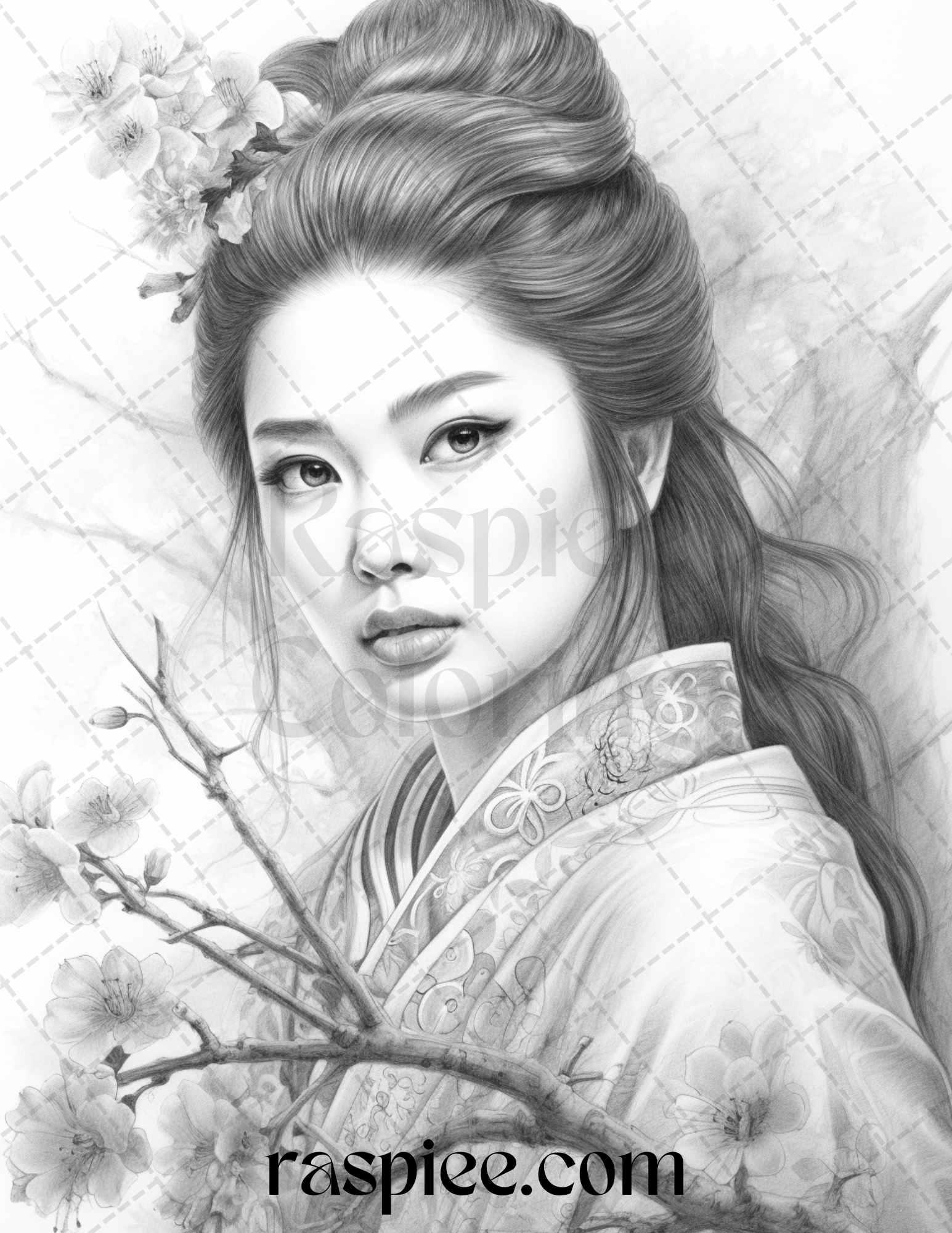 40 Beautiful Japanese Girls Grayscale Coloring Pages Printable for Adults, PDF File Instant Download