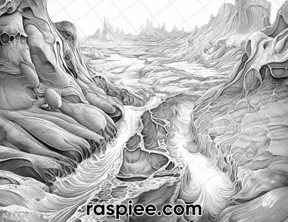 44 Volcanic Landscapes Grayscale Adult Coloring Pages, Printable PDF Instant Download