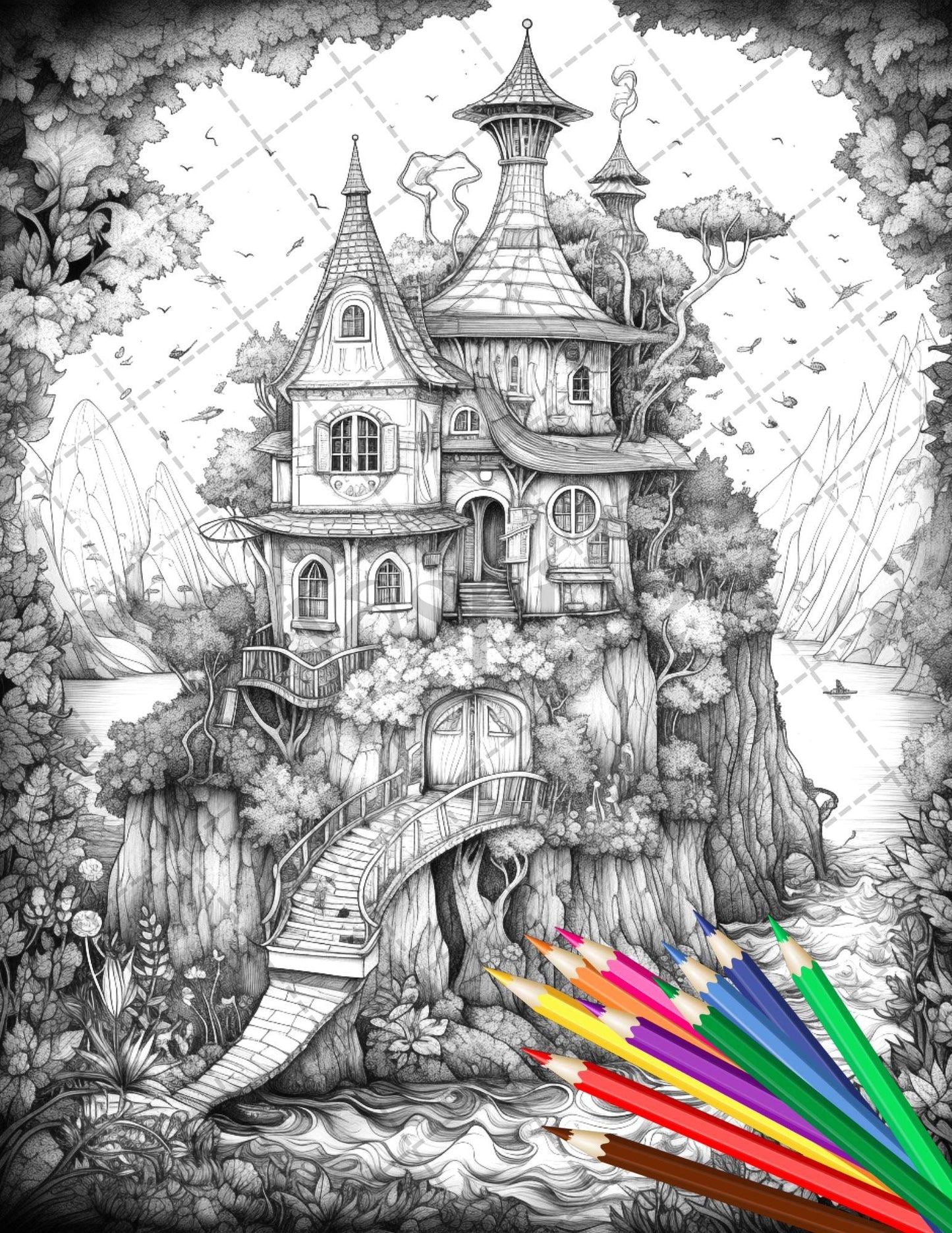 30 Fantasy Fairy Houses Coloring Page Book, Printable Adult Coloring Pages, Enchanted Fairy Home Grayscale Coloring Book, Printable PDF File