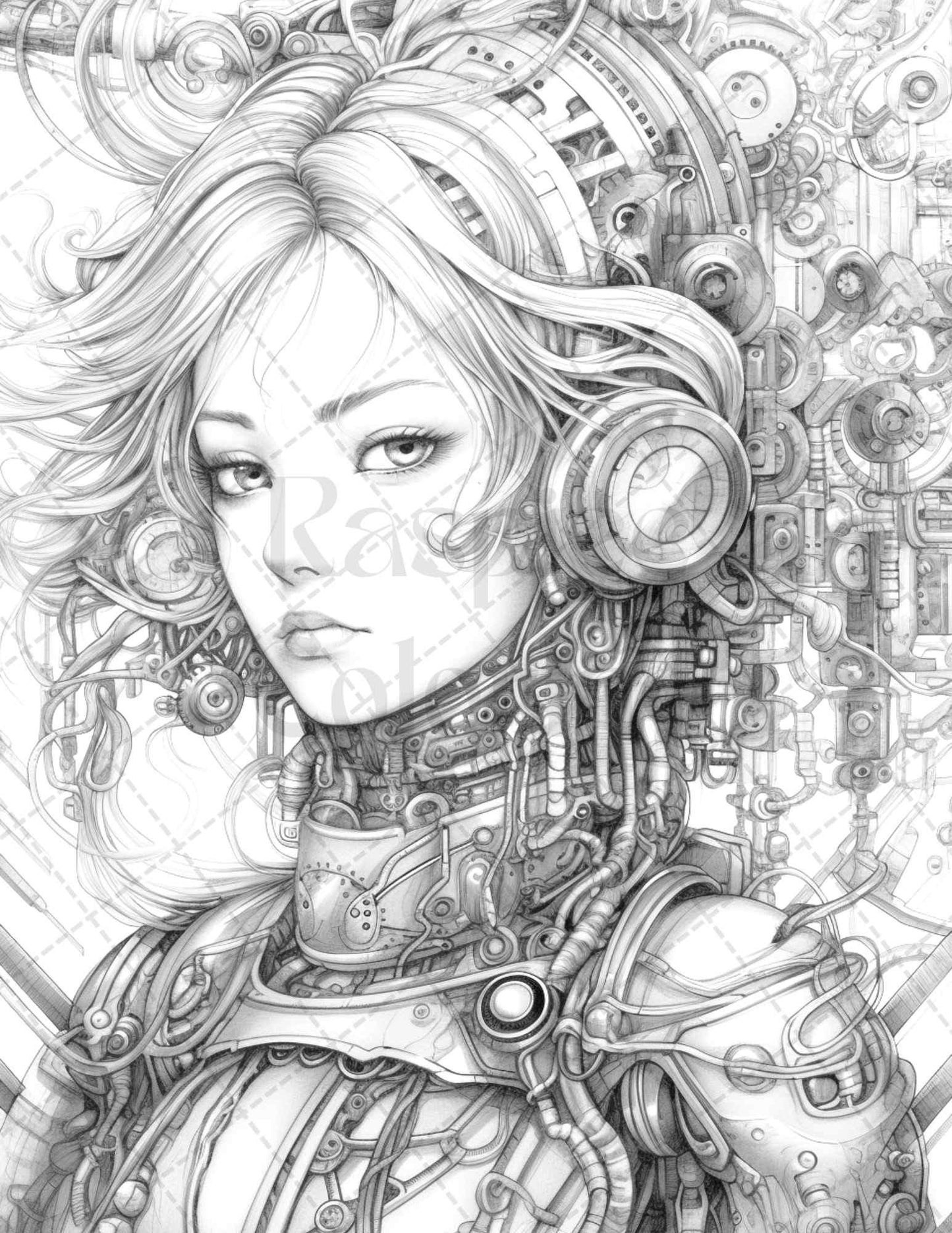 40 Beautiful Cyborg Girls Grayscale Coloring Pages Printable for Adults, PDF File Instant Download