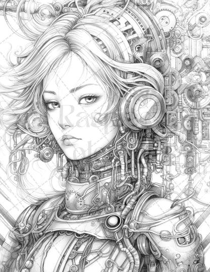 40 Beautiful Cyborg Girls Grayscale Coloring Pages Printable for Adults, PDF File Instant Download