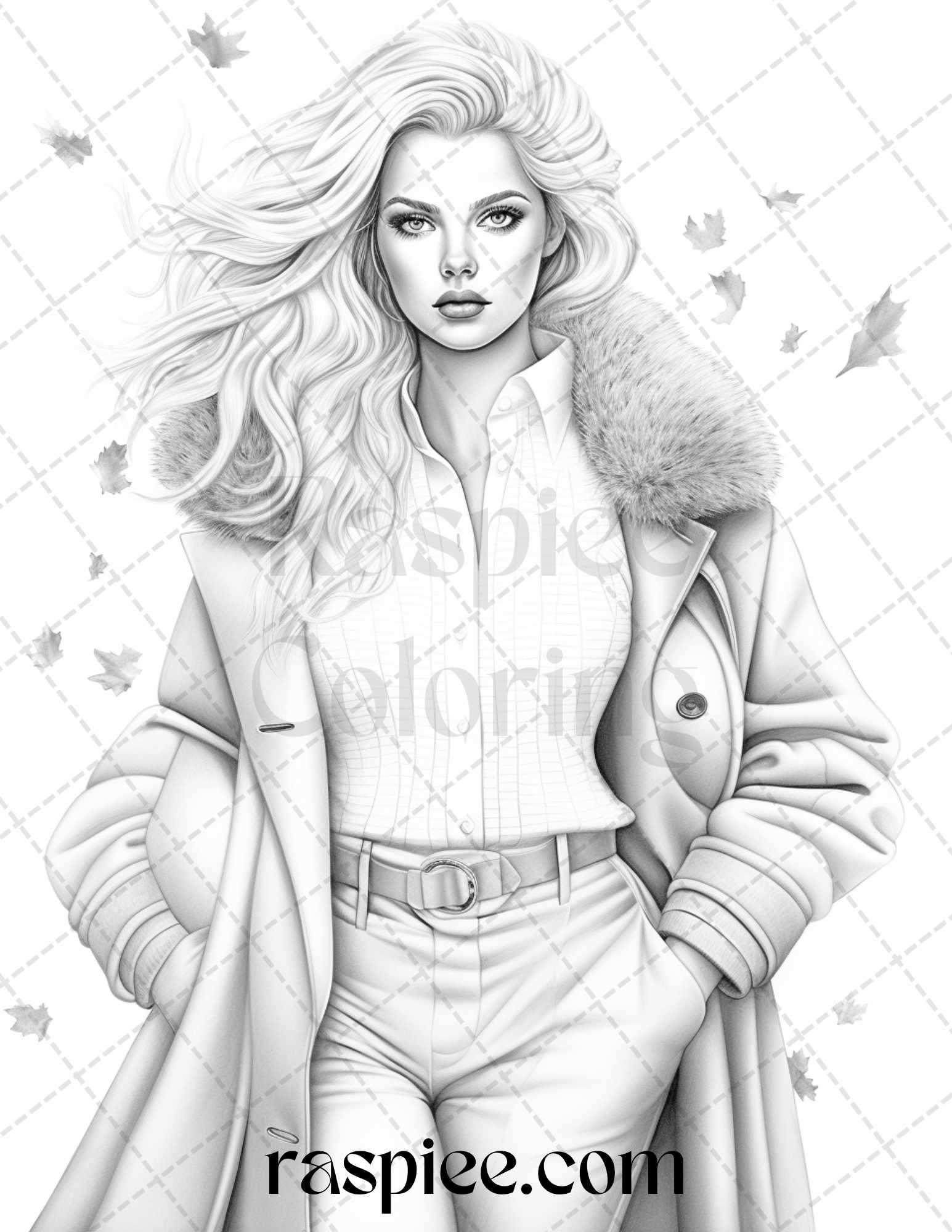 40 Fall Fashion Grayscale Coloring Pages for Adults, Printable PDF File Instant Download