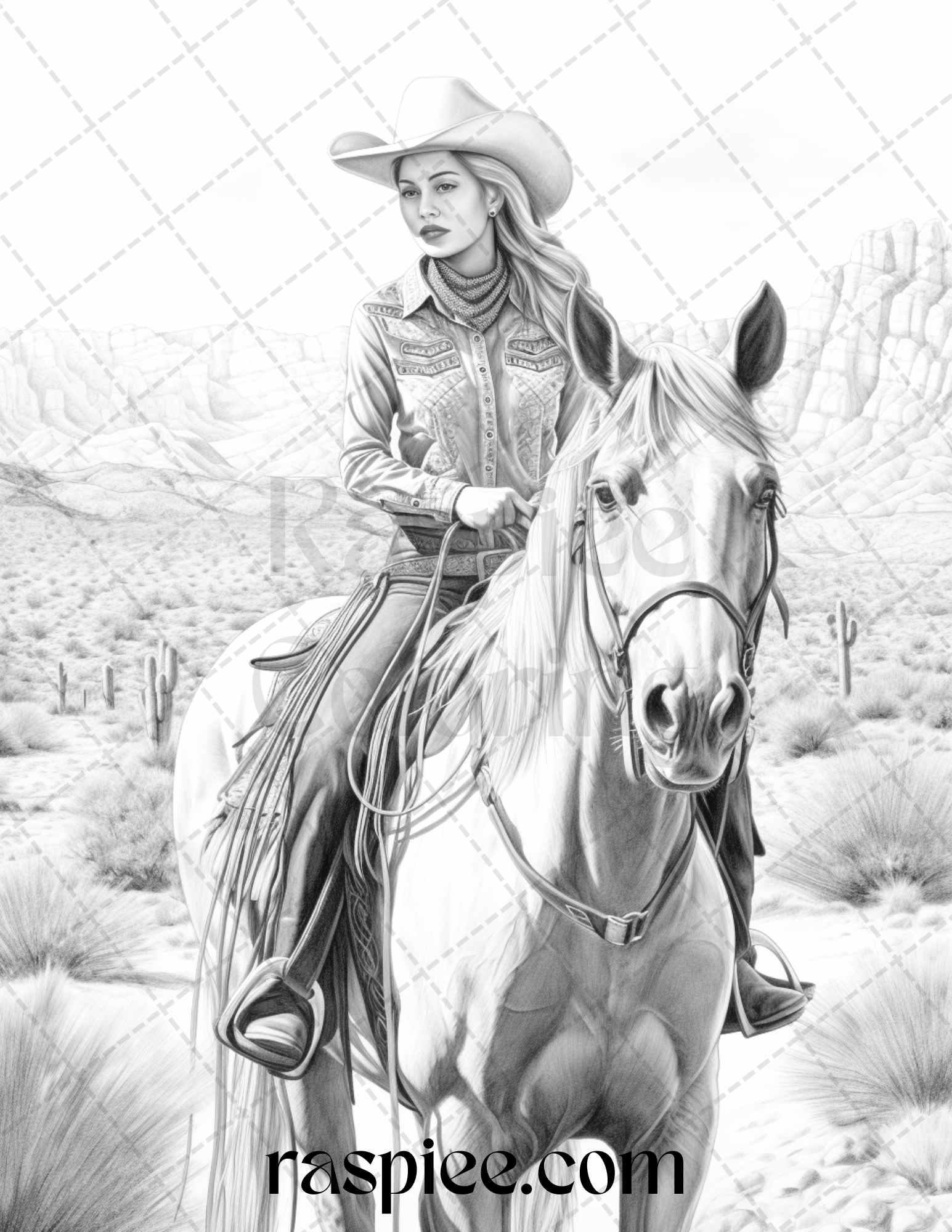 40 Beautiful Cowgirls Grayscale Coloring Pages Printable for Adults, PDF File Instant Download