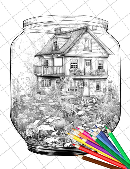 34 Fishtank Houses Coloring Book for Adults, Grayscale Coloring Page, Printable PDF Instant Download