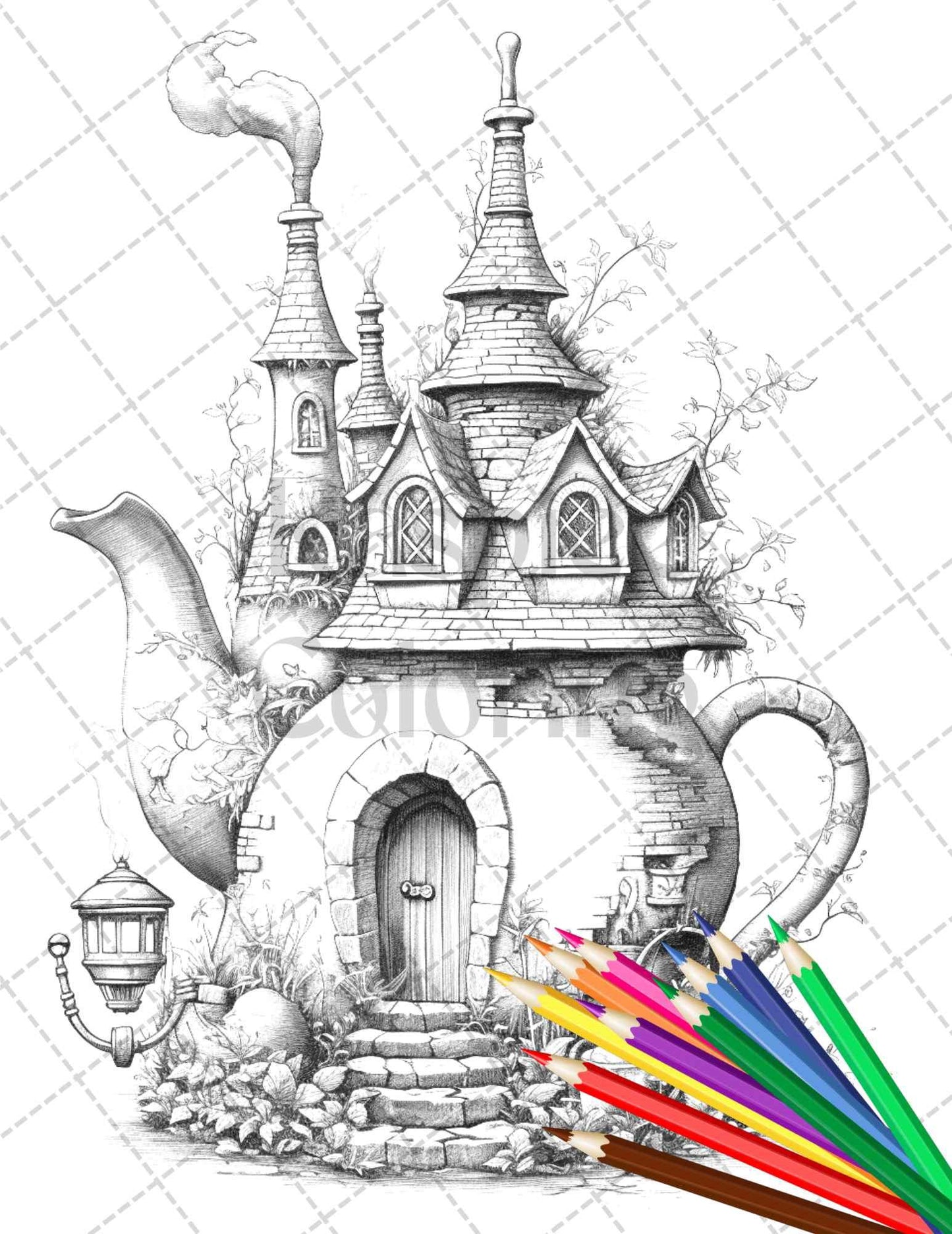 40 Teapot Fairy Houses Grayscale Coloring Pages Printable for Adults, PDF File Instant Download