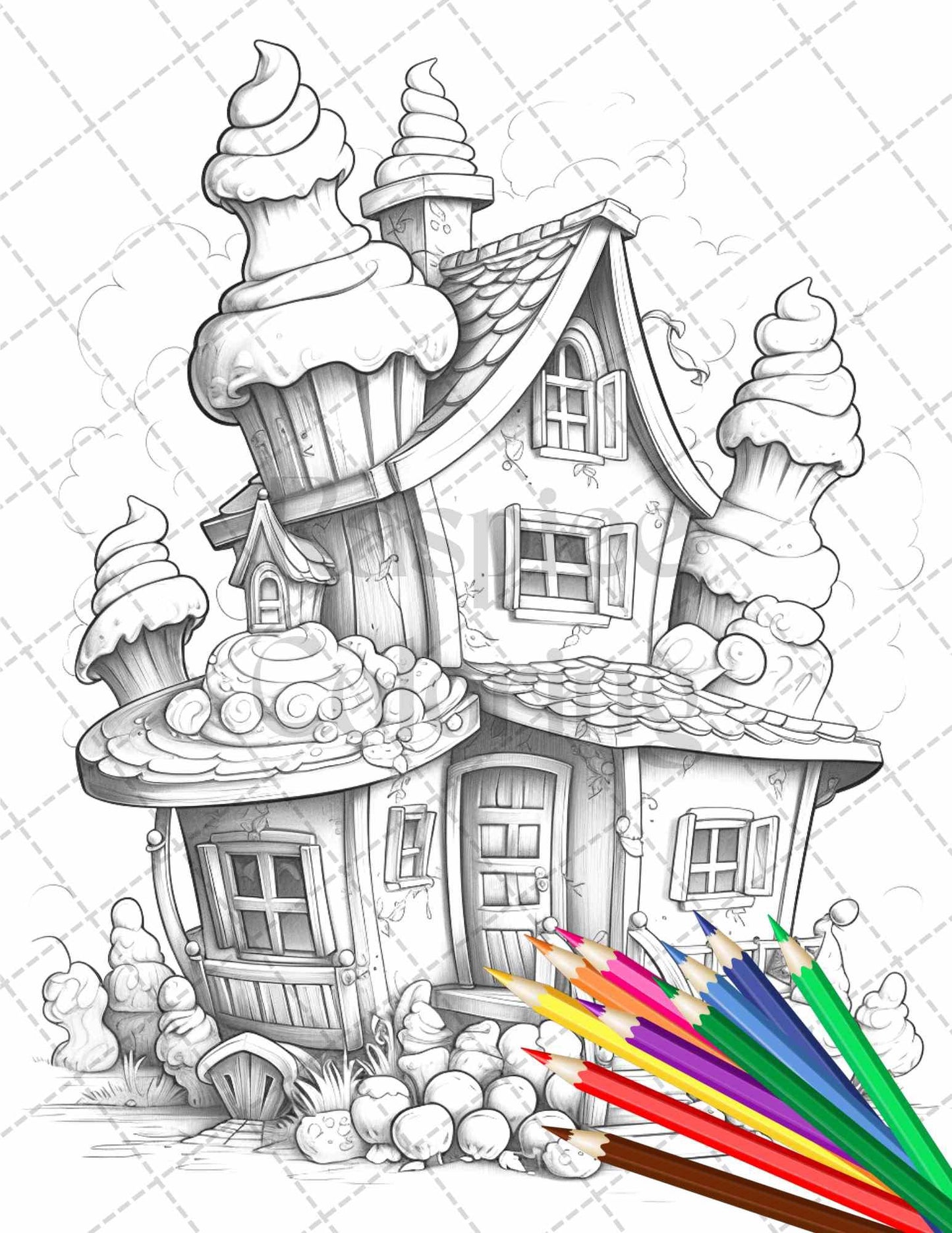 50 Adorable Cake Houses Grayscale Coloring Pages Printable for Adults and Kids, PDF File Instant Download