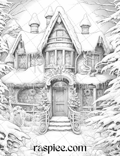 42 Fantasy Christmas Houses Grayscale Coloring Pages Printable for Adults, PDF File Instant Download