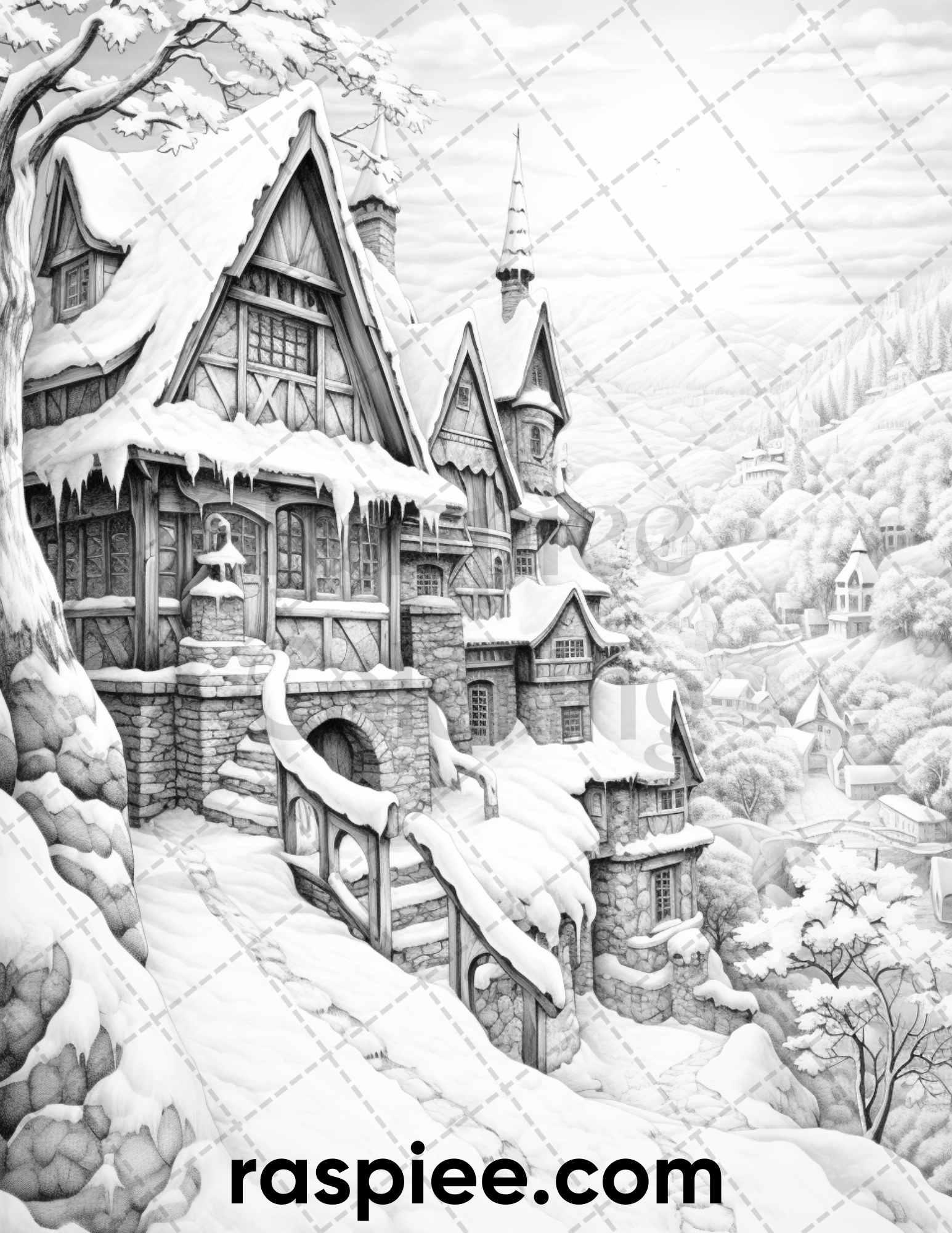 40 Fantasy Winter Village Grayscale Coloring Pages for Adults, PDF File Instant Download