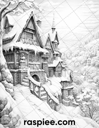 40 Fantasy Winter Village Grayscale Coloring Pages for Adults, PDF File Instant Download