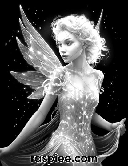 50 Starlight Fairy Grayscale Coloring Pages for Adults, Printable PDF File Instant Download