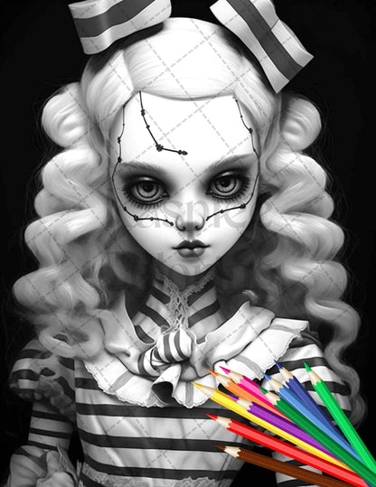 40 Creepy Porcelain Dolls Grayscale Coloring Pages for Adults, PDF File Instant Download