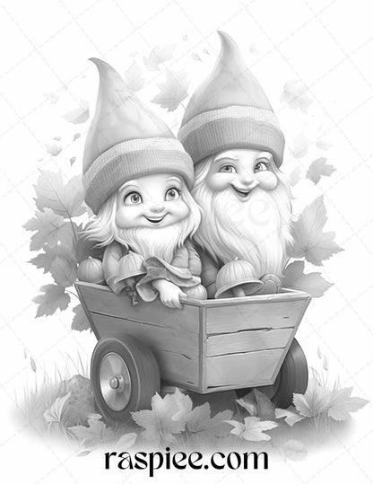 40 Fall Gnomes Grayscale Coloring Pages Printable for Adults Kids, PDF File Instant Download