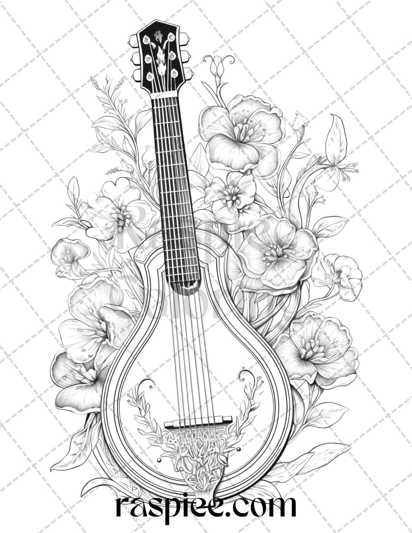 30 Musical Instrument Flower Grayscale Coloring Pages Printable for Adults, PDF File Instant Download