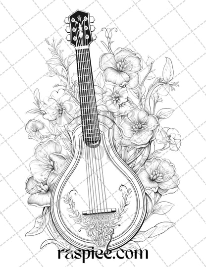 30 Musical Instrument Flower Grayscale Coloring Pages Printable for Adults, PDF File Instant Download