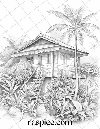 40 Hawaii Tiki Houses Grayscale Coloring Pages Printable for Adults, PDF File Instant Download