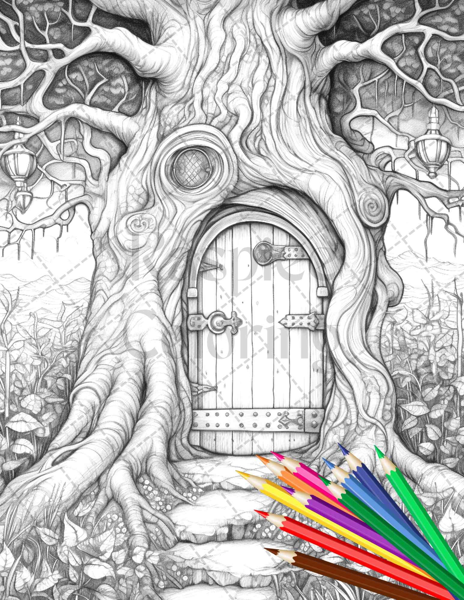 40 Magical Forest Gates Grayscale Coloring Pages Printable for Adults, PDF File Instant Download